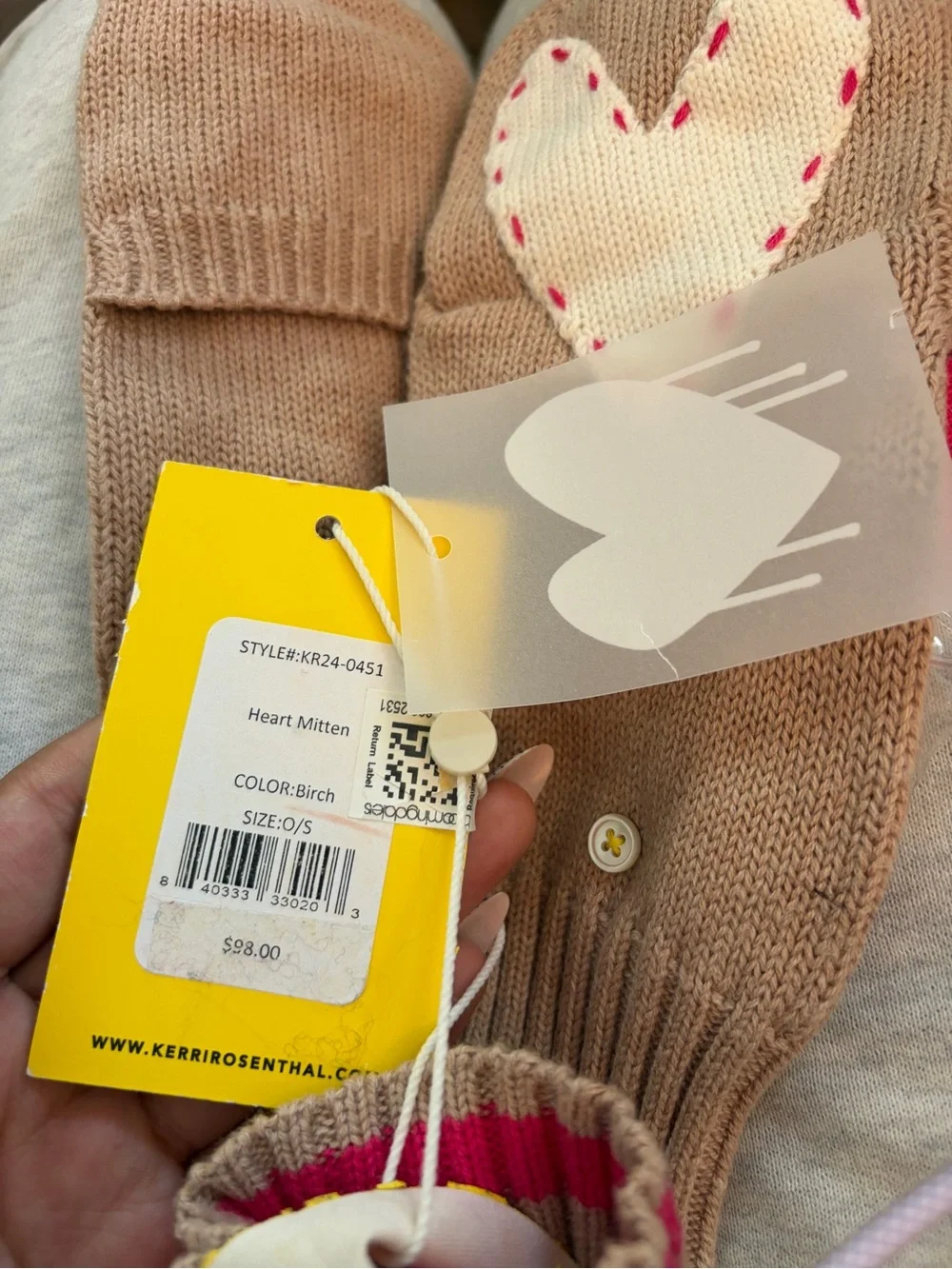 Kerri Rosenthal Heart Mittens Birch One Size Knit Convertible Gloves NWT $98